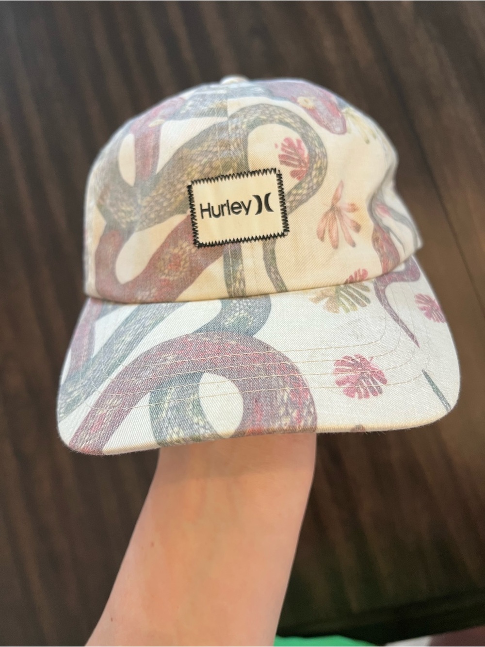 Hurley Snake & Floral Print Cap in Cream, Pink and Green